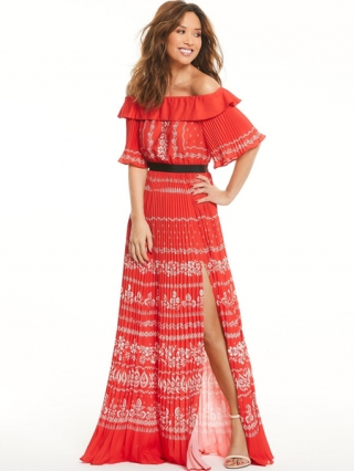 Pleated Bardot Maxi Dress