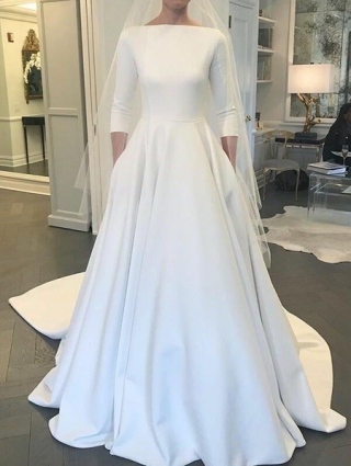 Boat Neck 3/4 Sleeves Satin Wedding Gown with Pockets