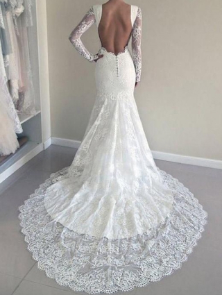 Sheer Long Sleeves Lace Wedding Dresses Backless