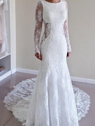 Sheer Long Sleeves Lace Wedding Dresses Backless